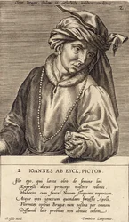Portrait of Jan van Eyck, plate 2 in a series of portraits of artists, engraved by Theodor Galle